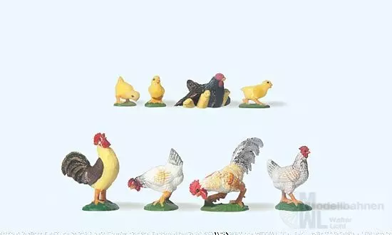 Preiser 47070 - 2 Hähne, 2 Hühner und Gluckhenne 1:25