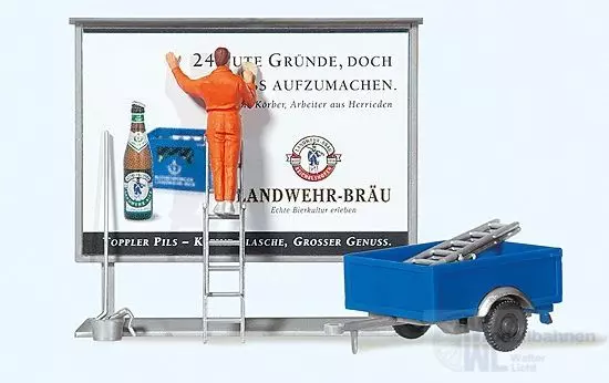 Preiser 10526 - Plakatkleber auf Leiter, Plaktwand und Anhänger H0 1:87