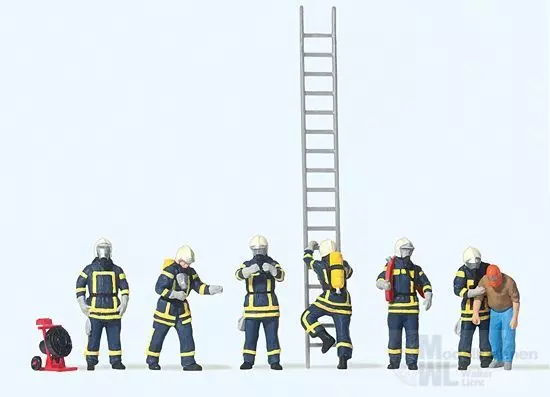 Preiser 10765 - Feuerwehrleute in moderner Einsatzkleidung blau H0 1:87