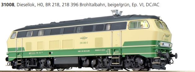 ESU 31008 - Diesellok BR 218 396 Brohtalbahn Ep.VI beige/grün H0/GL/WS