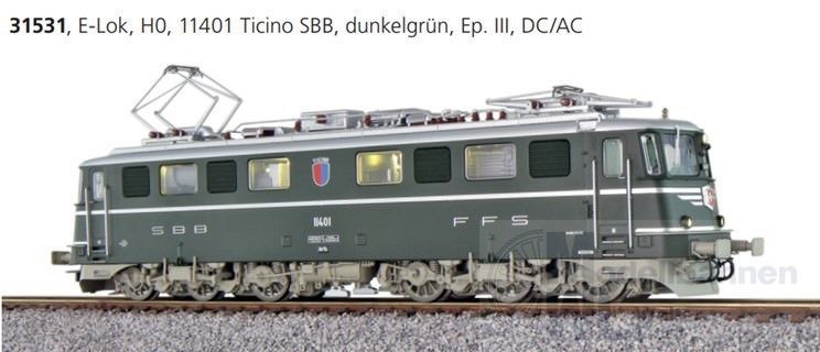 ESU 31531 - E-Lok Ae 6/6 11401 SBB Ep.III Kantonslok Ticino dunkelgrün H0/GL/WS