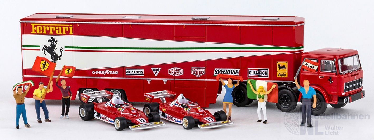 Brekina 58575 - Set mit Renntransporter 2 x Ferrari 312T und 6 Tifosi H0 1:87