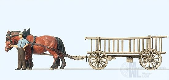 Preiser 30416 - Leiterwagen Bauer, 2 Pferde H0 1:87