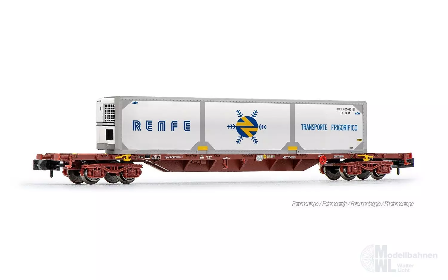 Arnold 6728 - Containertragwagen RENFE Ep.IV mit Kühl Wechselbehältern Version 1 N 1:16