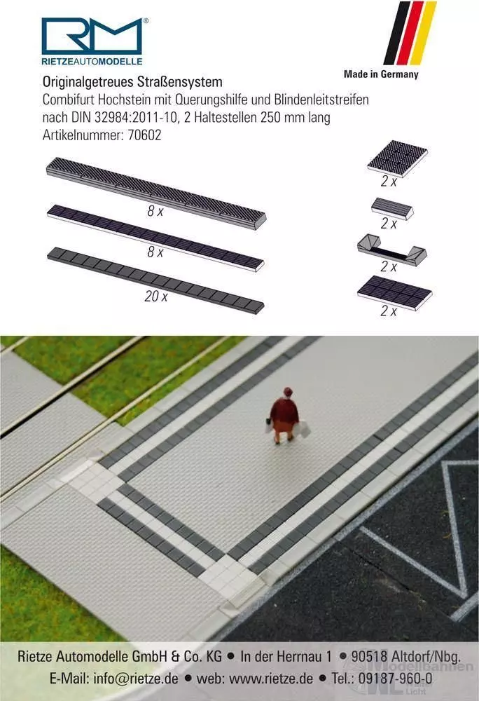 Rietze 70602 - Combifurt Hochstein mit Querungshilfe + Blindenleitstreifen H0 1:87