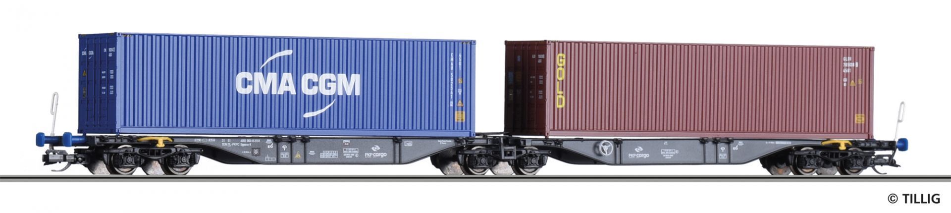 Tillig 18061 - Containertragwagen PKP Cargo Ep.V beladen mit zwei 40‘-C. TT 1:120