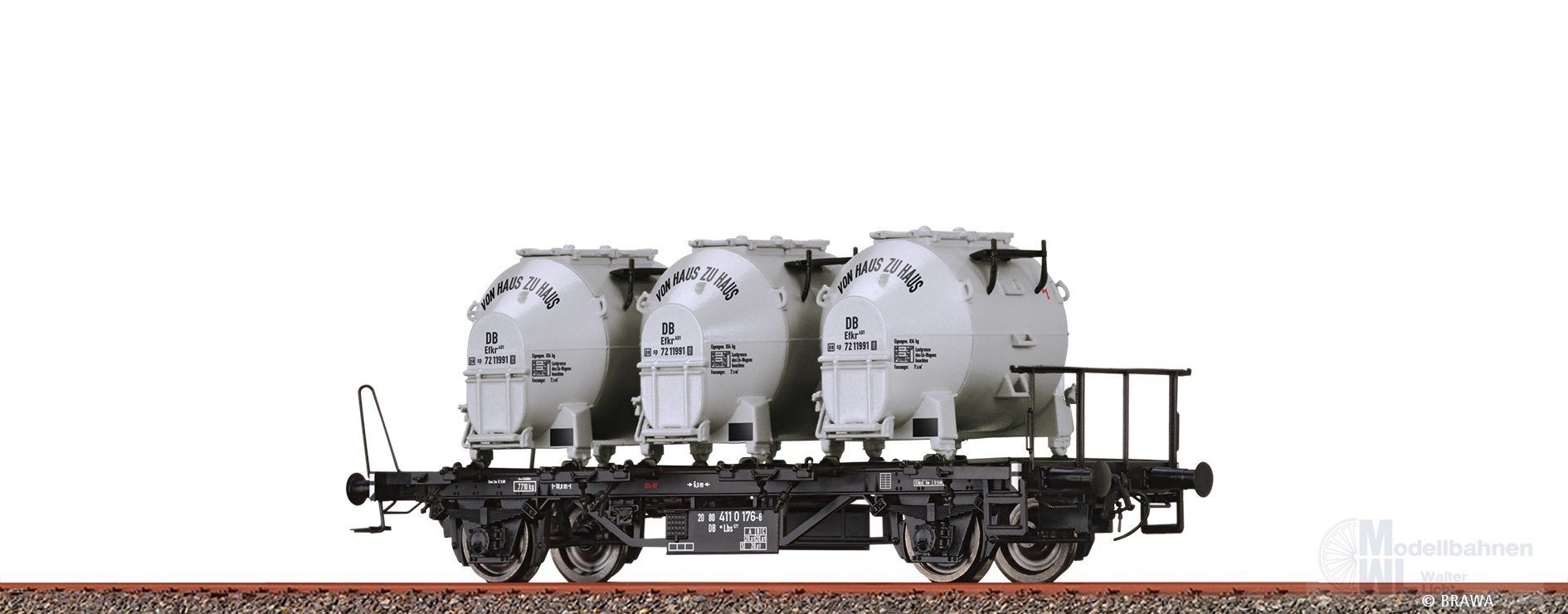 Brawa 50601 - Behältertragwagen DB Ep.IV Lbs 577 mit Efkr 401 Von Haus zu Haus H0/GL Brawa 50601 - Behältertragwagen DB Ep.IV Lbs 577 mit Efkr 401 Von Haus zu Haus H0/GL