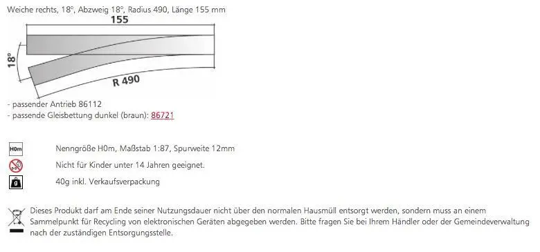 Tillig 85631 - Weiche rechts 18° Länge 155 mm H0m