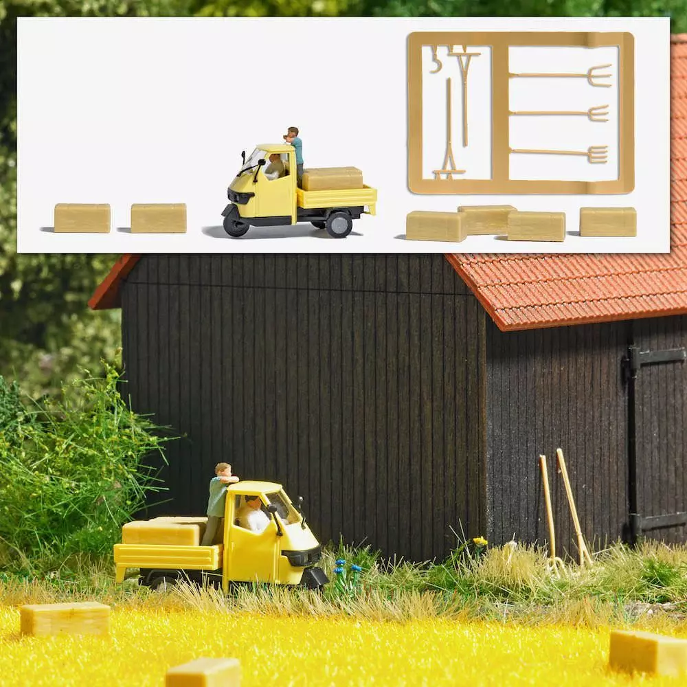 Busch 7934 - A-Set: Bauer mit Ape und Heuballen H0 1:87