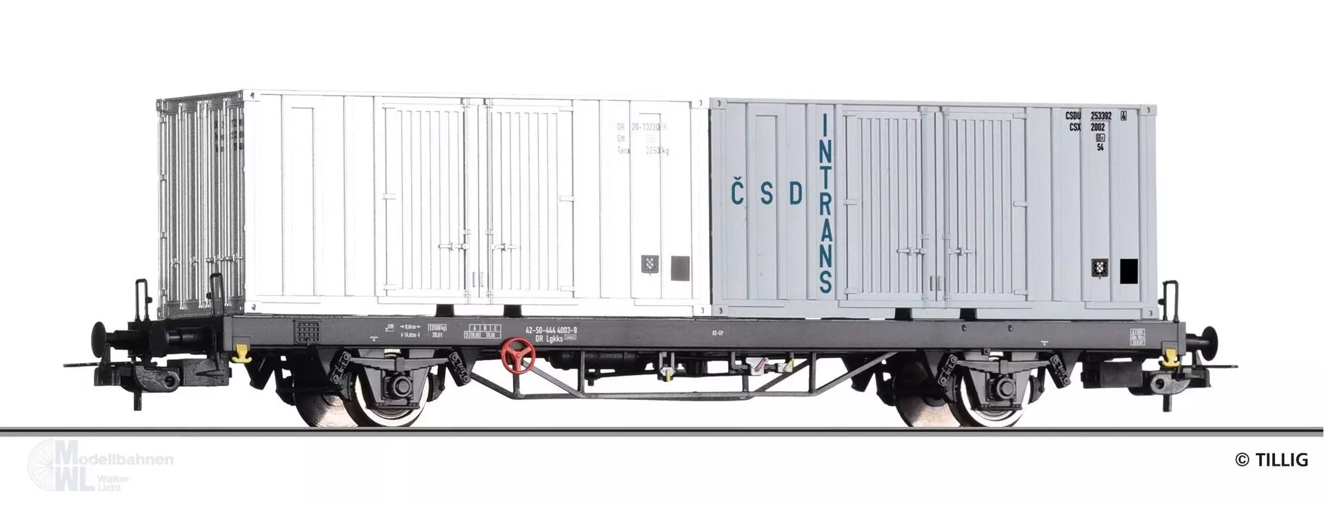 Tillig 77073 - Containertragwagen DR Ep.IV Lgkks 4444 beladen mit zwei 20‘ Containern H0