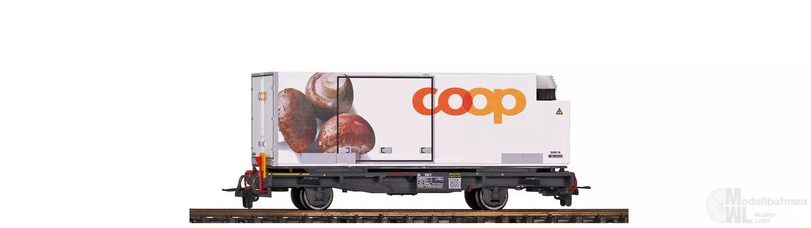 Bemo 2269110 - Containertragwagen RhB Ep.VI Lb-v 7860 mit Coop-Container Champignons H0m