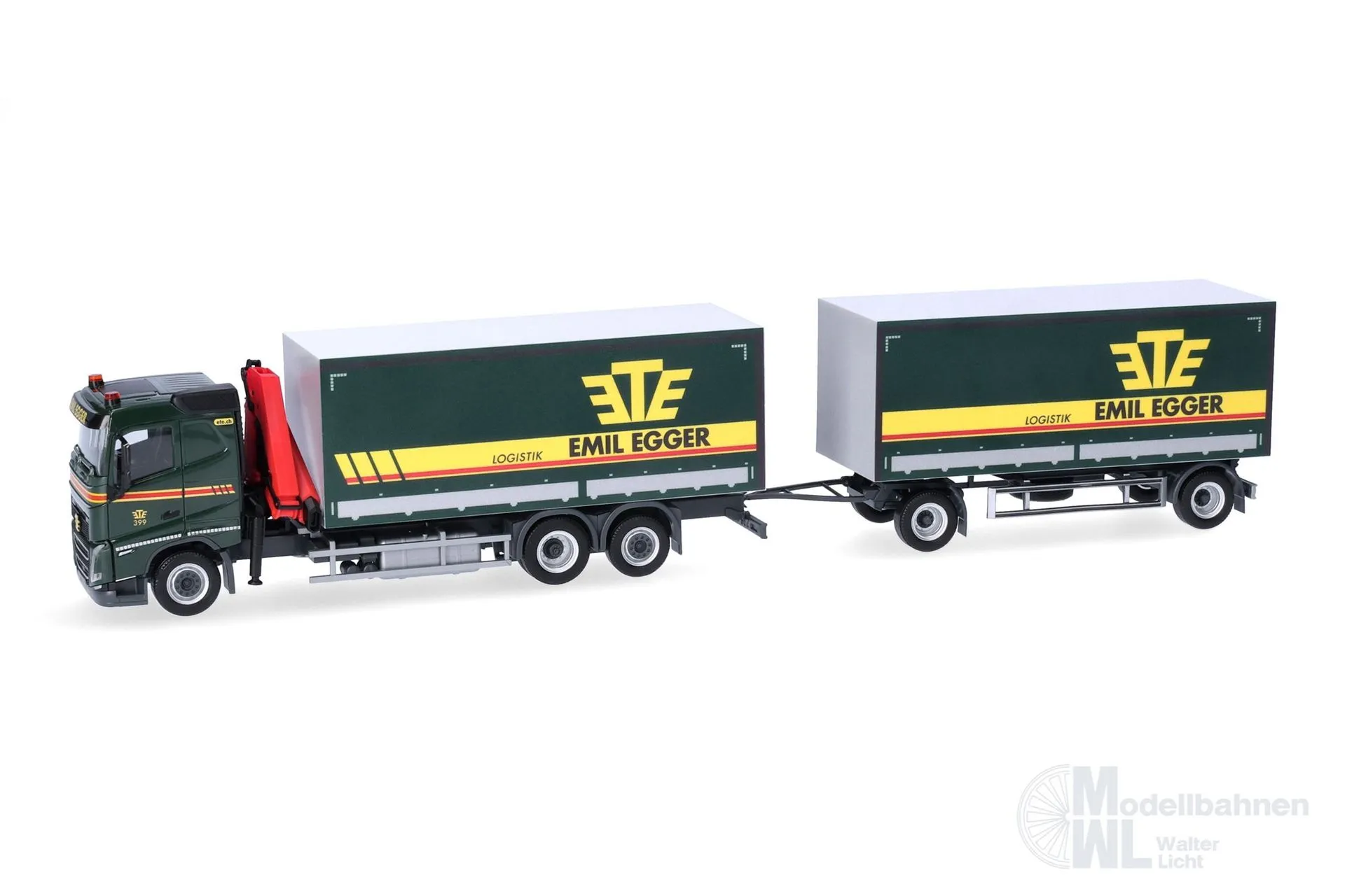 Herpa 320504 - Volvo FH 2020 Flachdach Planen-Hängerzug mit Kran Emil Egger H0 1:87