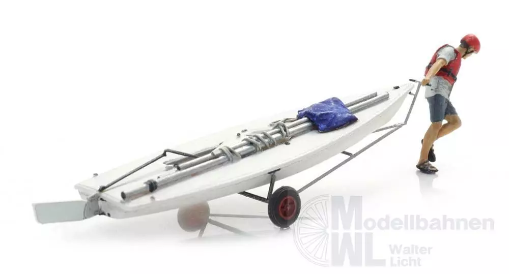 ARTITEC b.v. 387595 - Segelboot Laser auf Anhänger mit Figur H0 1:87