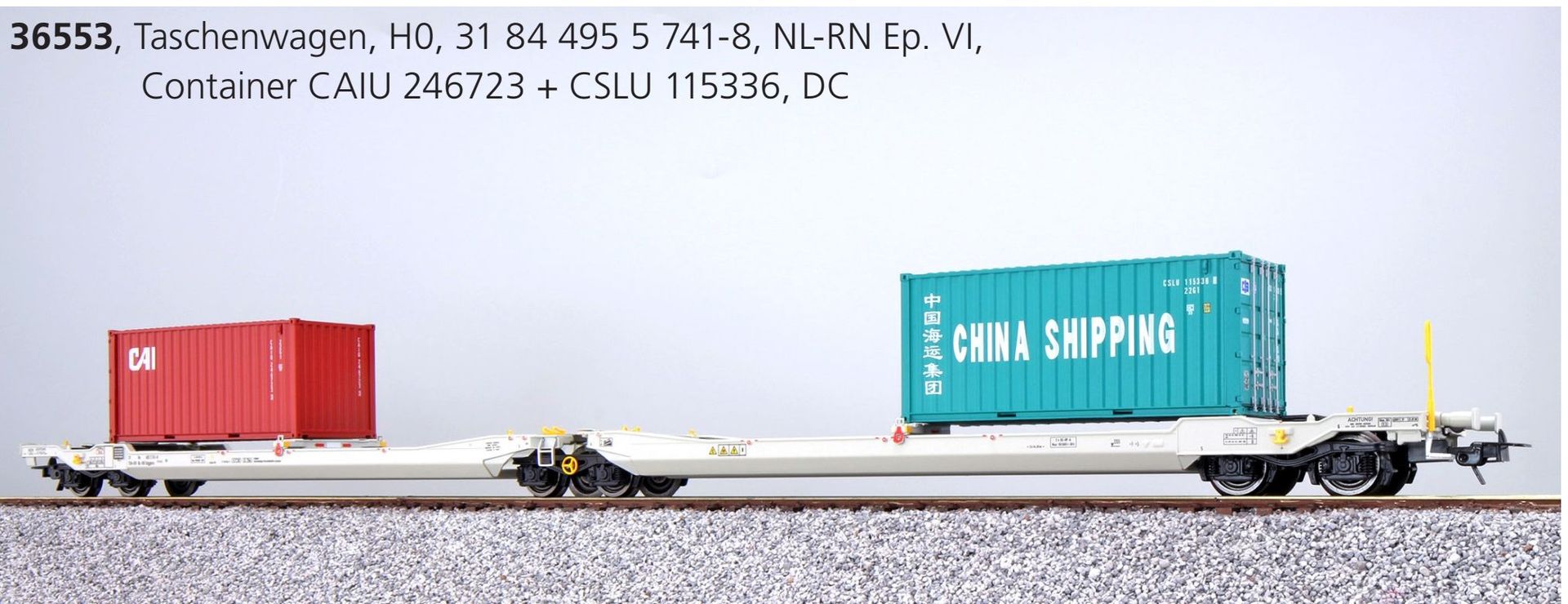 ESU 36553 - Taschenwagen Sdggmrs H0NL-RN Ep.VI Container CAIU246723 / CSLU115336 H0/GL