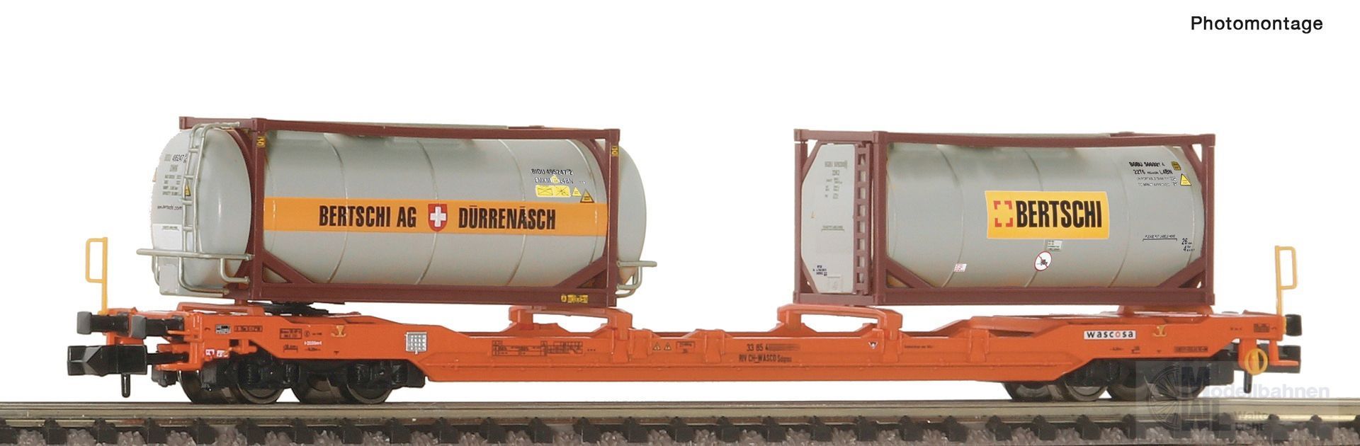 Fleischmann 660136 - Taschenwagen Wascosa Ep.VI beladen mit 2 Bertschi Containern N 1:160