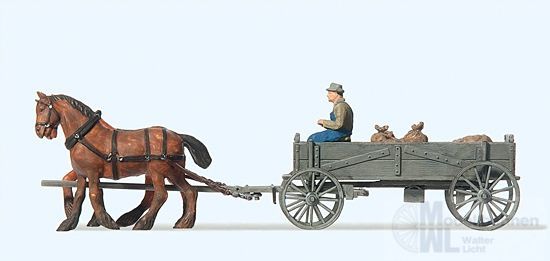 Preiser 30411 - Kastenwagen Bauer, 2 Pferde, H0 1:87