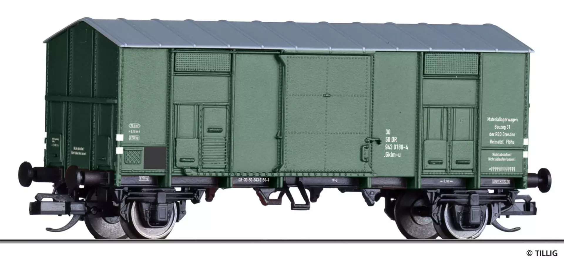 Tillig 14884 - Güterwagen gedeckt DR Ep.IV Materialwagen zu Bauzug 31 TT 1:120
