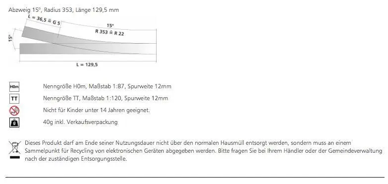 Tillig 83816 - Bettungsgleis-Weiche 15° rechts Hand TT 1:120