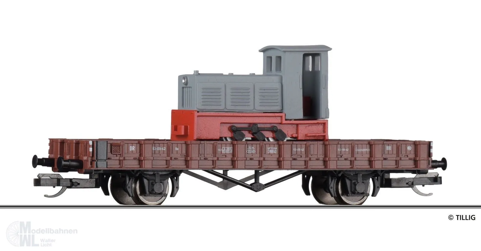 Tillig 502901 - Niederbordwagen DR Ep.III beladen Feldbahnlok Eisenwerke West TT 1:120