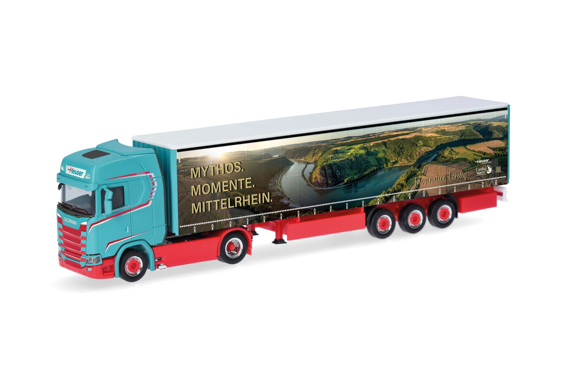 Herpa 321280 - Scania CS 20 Hochdach Gardinenplanen-Sattelzug Spedition Heuser H0 1:87