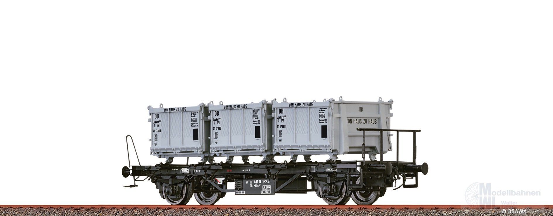 Brawa 50603 - Behältertragwagen DB Ep.IV Lbs 577 mit Eoskrt 022 Von Haus zu Haus H0/GL Brawa 50603 - Behältertragwagen DB Ep.IV Lbs 577 mit Eoskrt 022 Von Haus zu Haus H0/GL