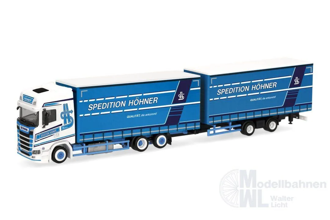 Herpa 322034 - Scania CS 20 Hochdach Volumengardinenplanen-Hängerzug Spedition Höhner H0