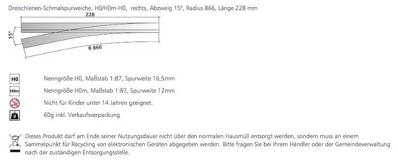 Tillig 85197 - Dreischienen-Schmalspurweiche H0/H0m-H0 rechts Länge 228 mm