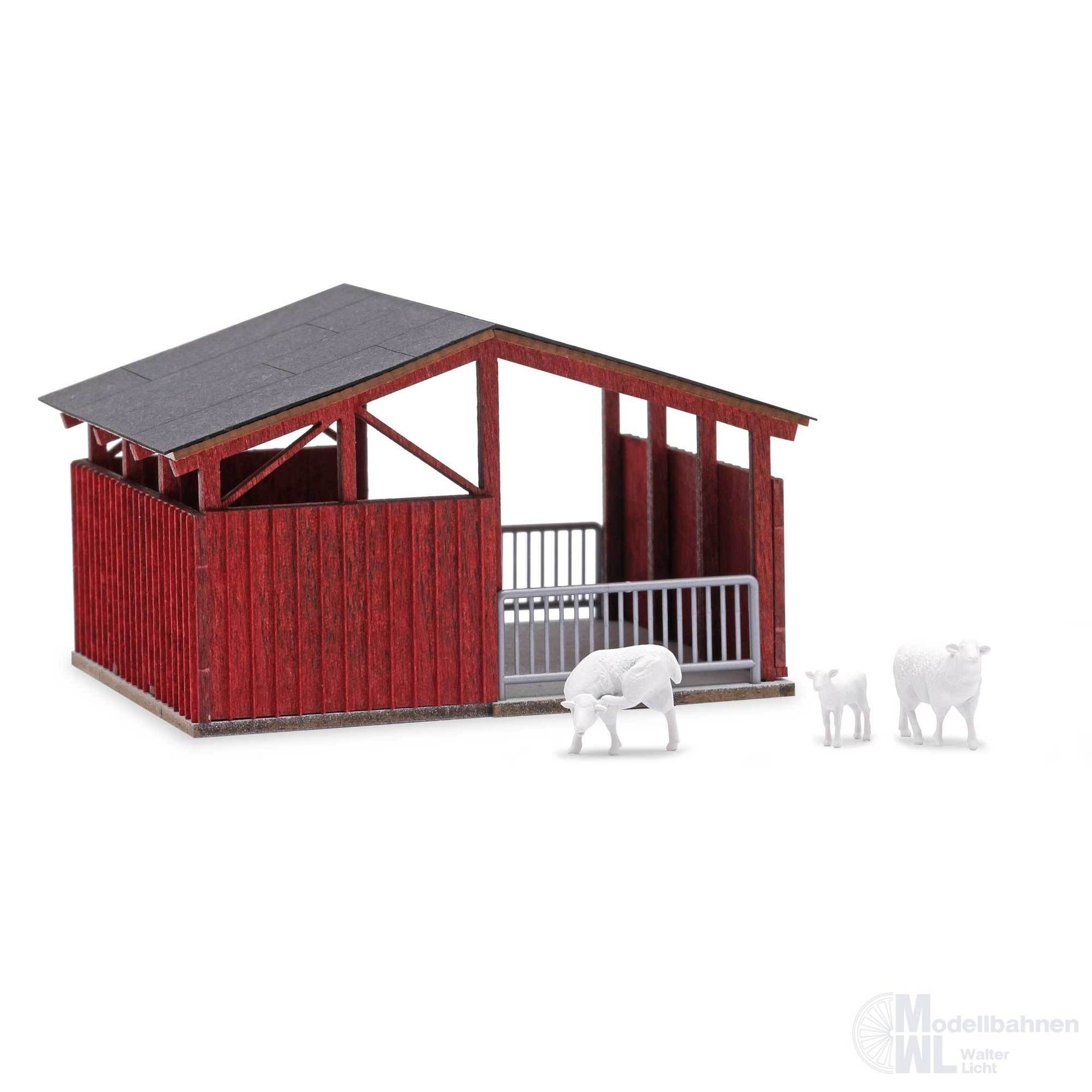 Busch 1726 - Offenstall mit 3 Schafen H0 1:87