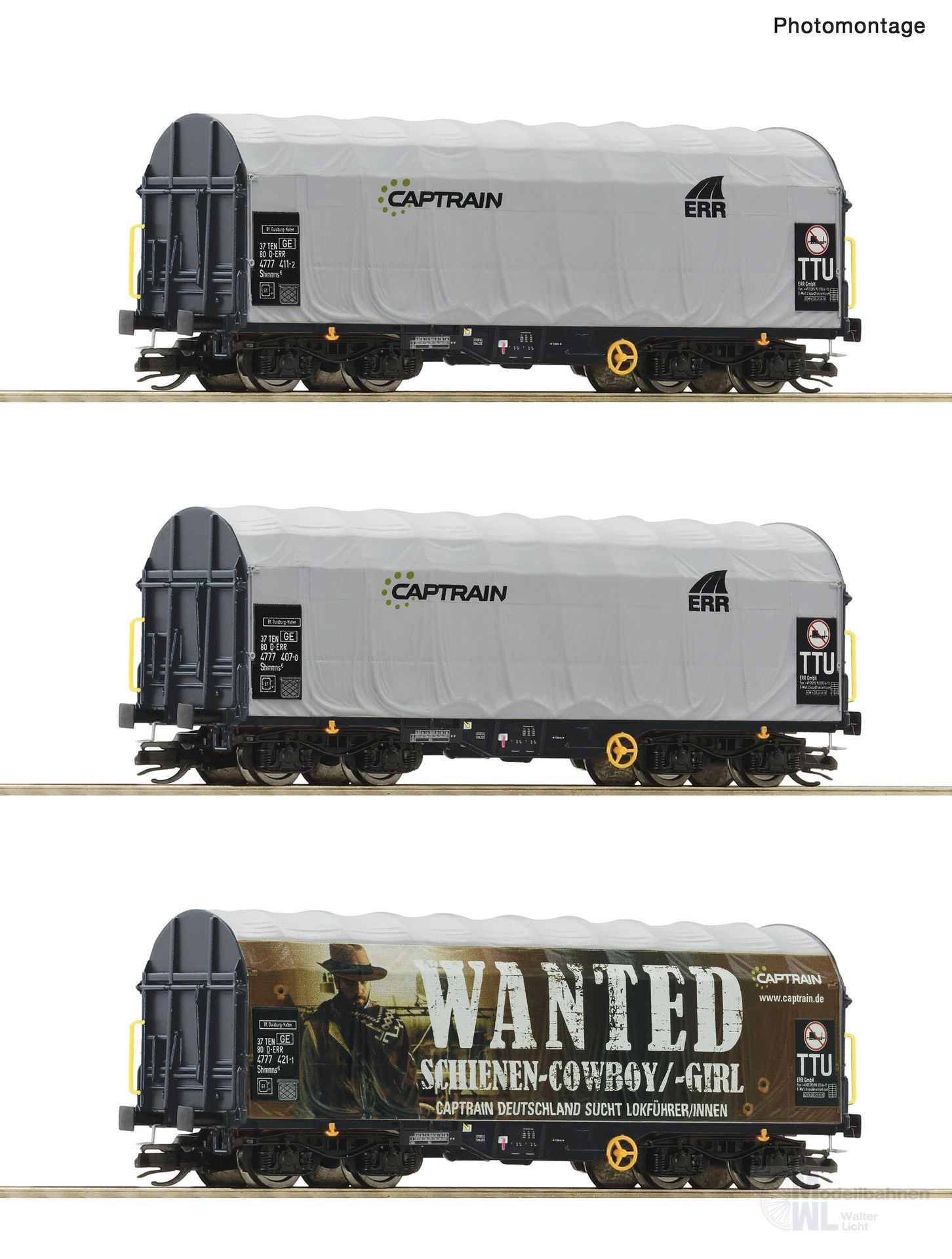 Roco 6680023 - Schiebeplanenwagen Set Captrain Ep.VI 3.tlg. TT 1:120