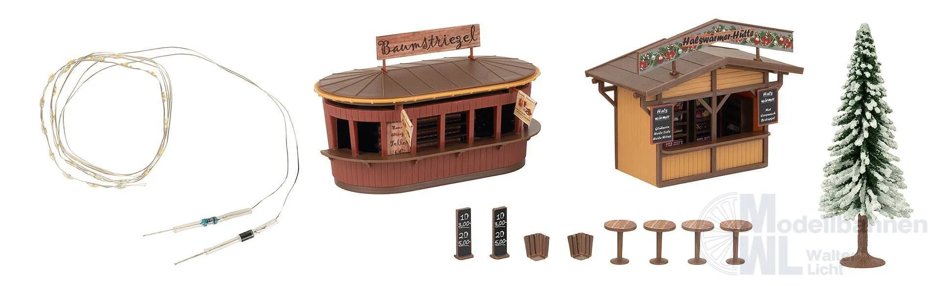 Faller 134006 - 2 Weihnachtsmarktbuden mit beleuchtetem Weihnachtsbaum H0 1:87