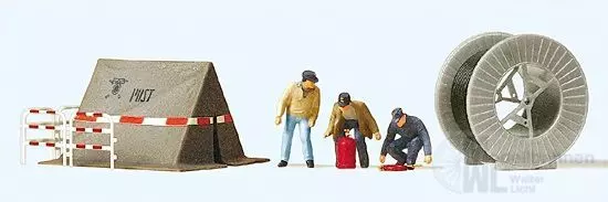 Preiser 10374 - Fernmeldearbeiter mit Bauzelt und Kabeltrommel H0 1:87
