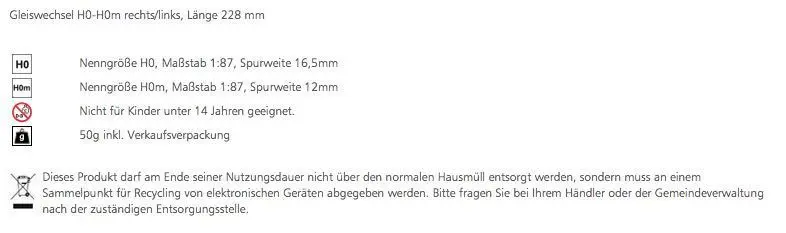 Tillig 85188 - Gleiswechsel H0-H0m rechts/links Länge 228 mm H0m