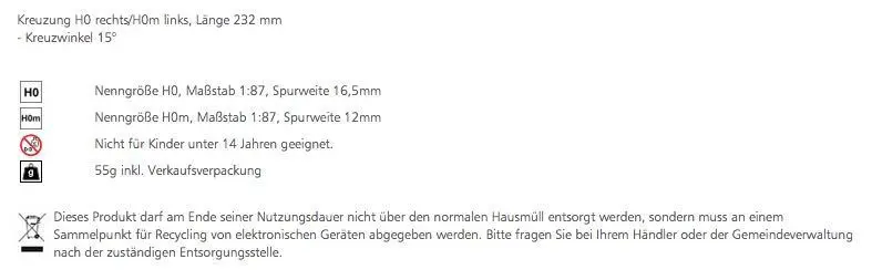 Tillig 85262 - Kreuzung H0 rechts/H0m links Länge 232 mm Kreuzwinkel 15°