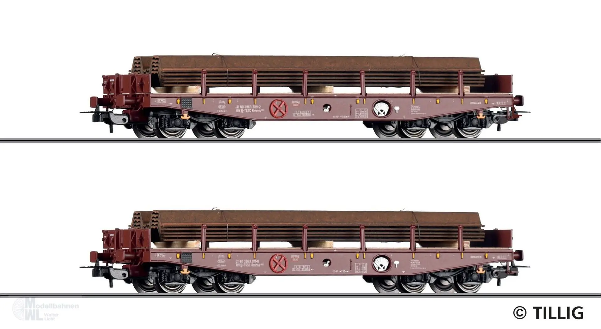 Tillig 70073 - Schwerlastwagen Set TSS Cargo a.s. (CZ) 2.tlg. Rmms 662 beladen mit Spund