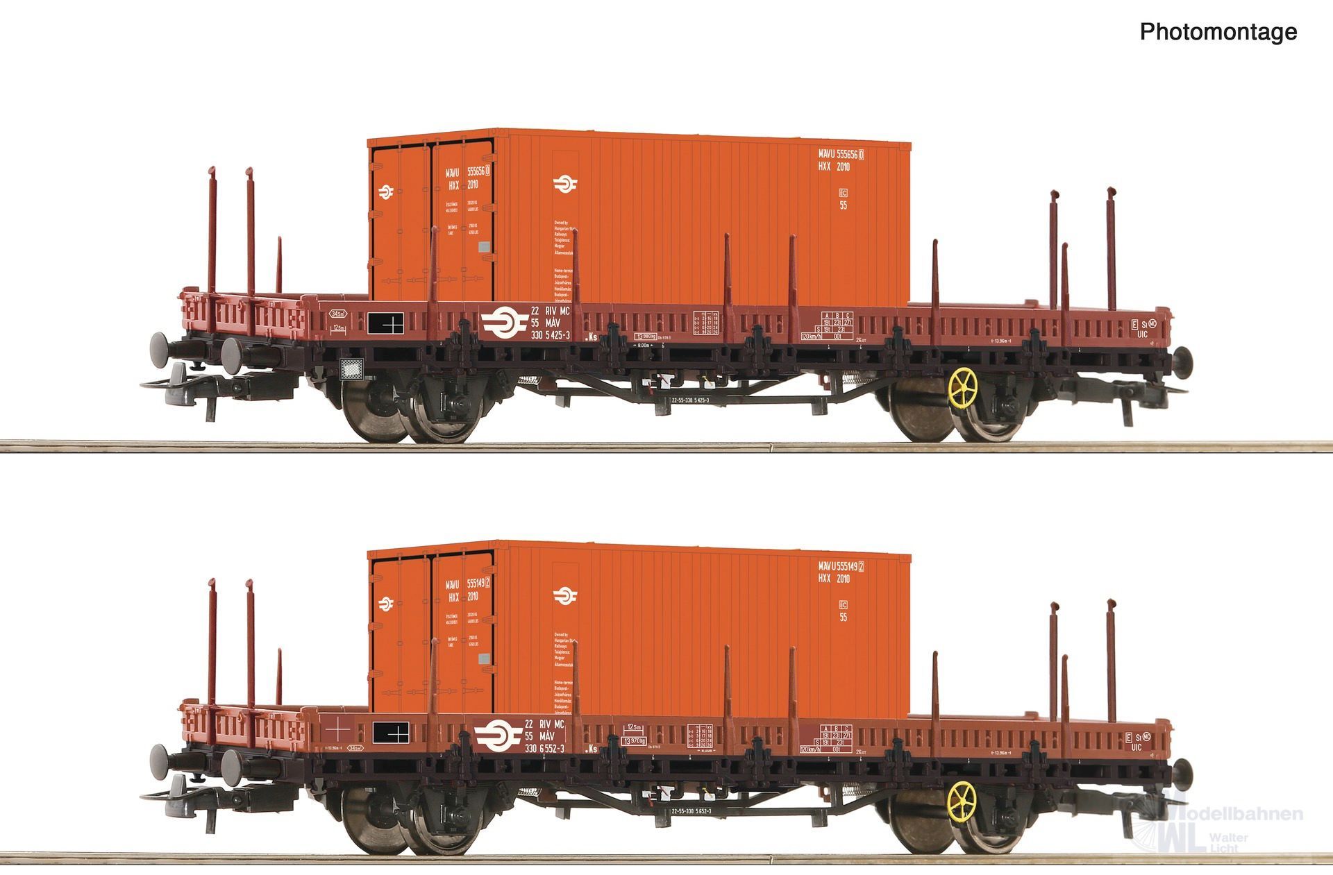 Roco 6600076 - Rungenwagen Set MAV Ep.IV 2.tlg. Beladen mit Containern H0/GL