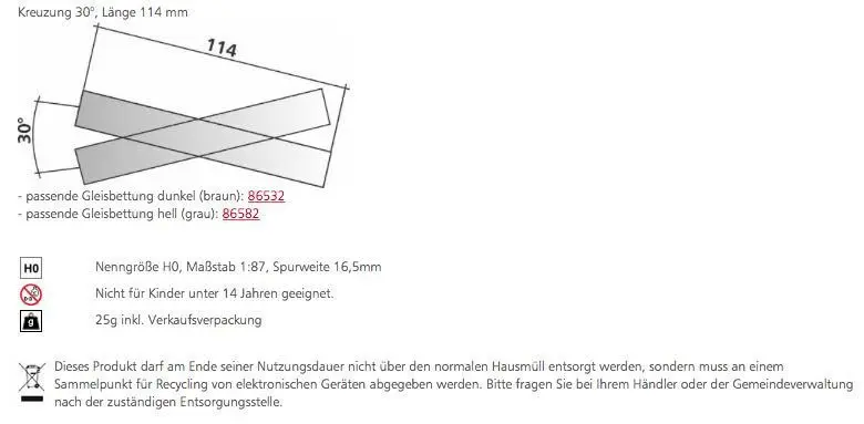 Tillig 85170 - Kreuzung 30° Länge 114 mm H0/GL