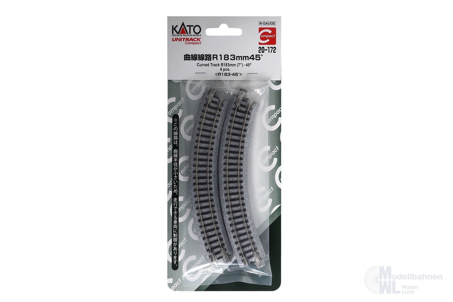 Kato 20-172 - Gleis gebogen R183 mm 45° 4 Stück N 1:160 Kato 20-172 - Gleis gebogen R183 mm 45° 4 Stück N 1:160
