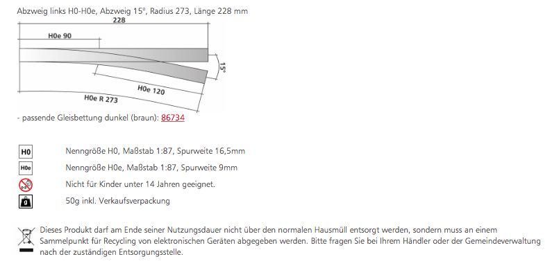 Tillig 85182 - Abzweig links Länge 228 mm H0-H0e 