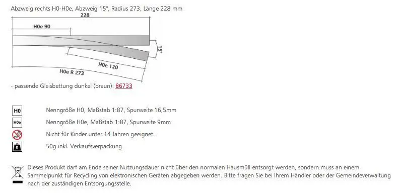 Tillig 85181 - Abzweig rechts Länge 228 mm H0-H0e 