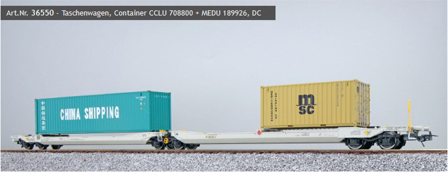 ESU 36550 - Taschenwagen Sdggmrs RN Ep.VI Container CCLU708800 / MEDU189926 H0/GL