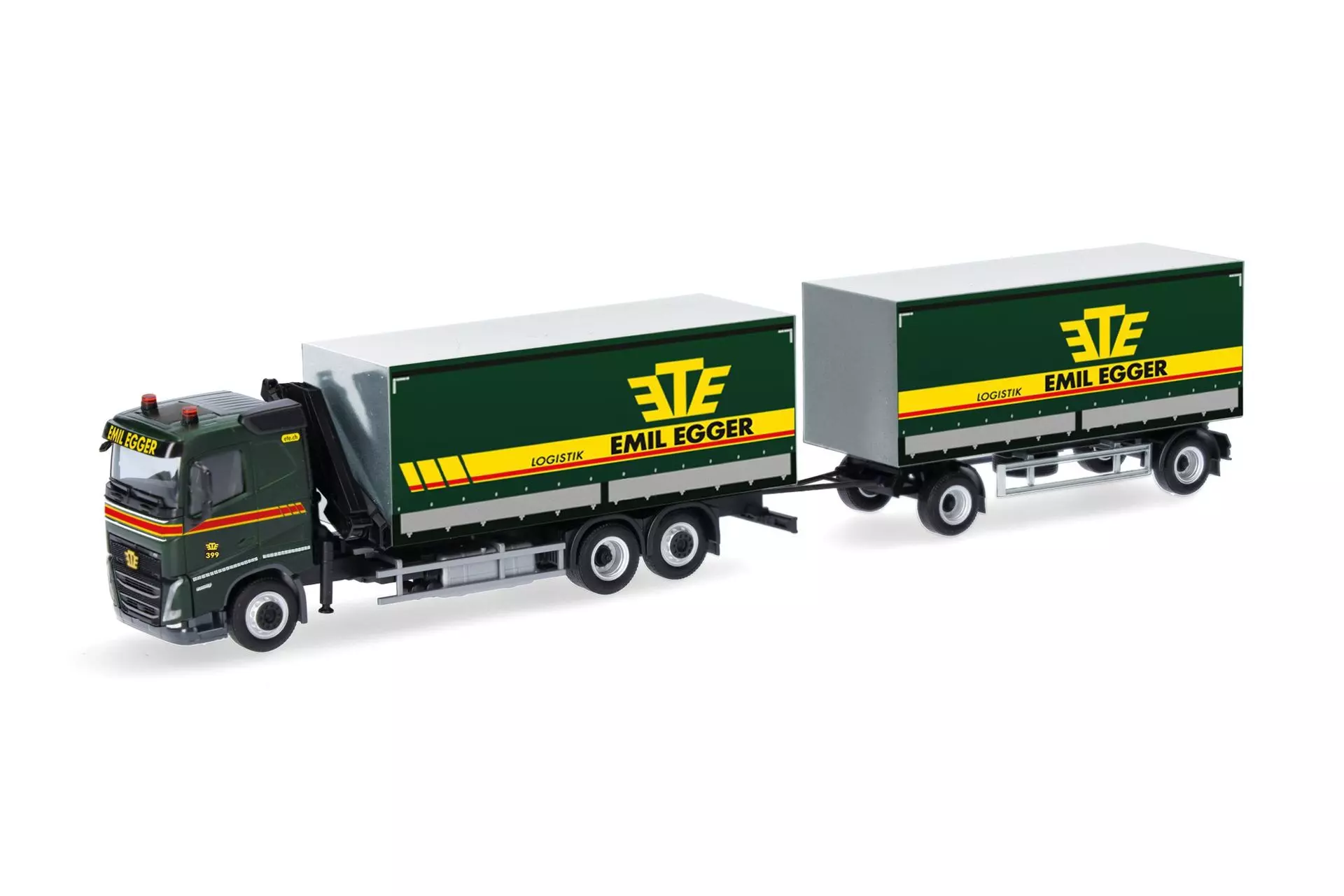 Herpa 320504 - Volvo FH 2020 Flachdach Planen-Hängerzug mit Kran Emil Egger H0 1:87