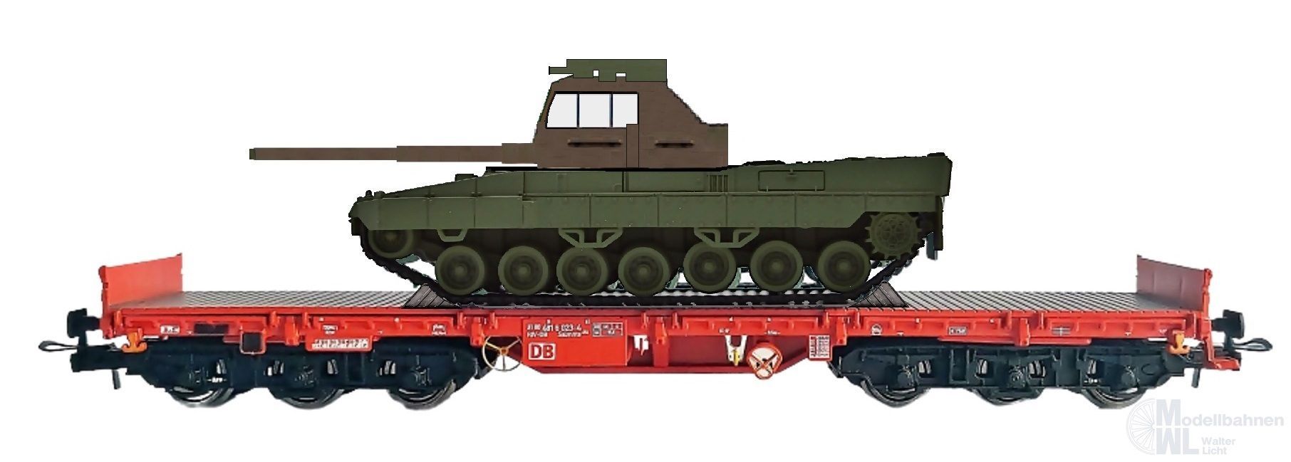 NPE NW22163 - Schwerlastwagen DB Ep.V Salmms 454 DB rot mit Fahrschul-Panzer H0/GL NPE NW22163 - Schwerlastwagen DB Ep.V Salmms 454 DB rot mit Fahrschul-Panzer H0/GL