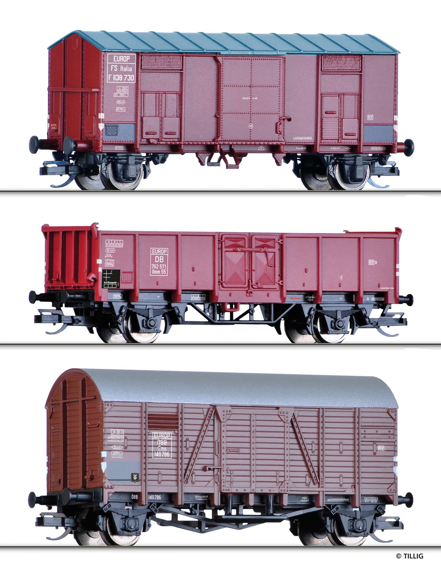 Tillig 01001 - Güterwagenset FS/ÖBB/DB Ep.III bestehend aus zwei gedeckten Güterwagen TT 1:120