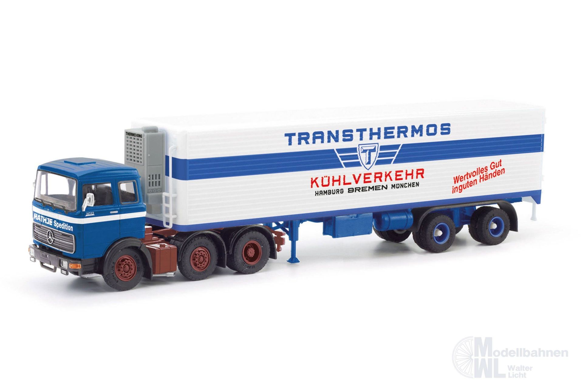 Herpa 87MBS026215 - Mercedes-Benz LP 2032 Kühlkoffer Sattelzug Rathje/Transthermos H0 1:87