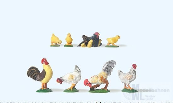 Preiser 47070 - 2 Hähne, 2 Hühner und Gluckhenne 1:25
