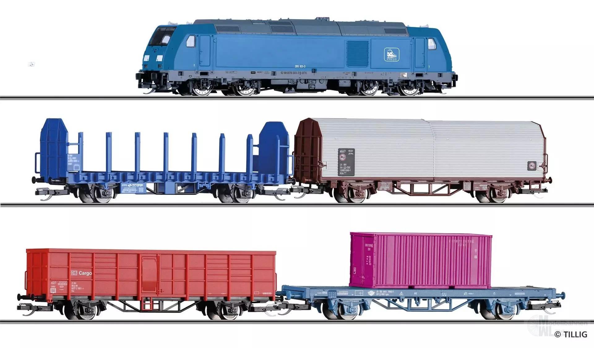 Tillig 01507 - Startset DIesellok TRAXX + 4 Güterwagen International Ep.VI analog TT 1:1