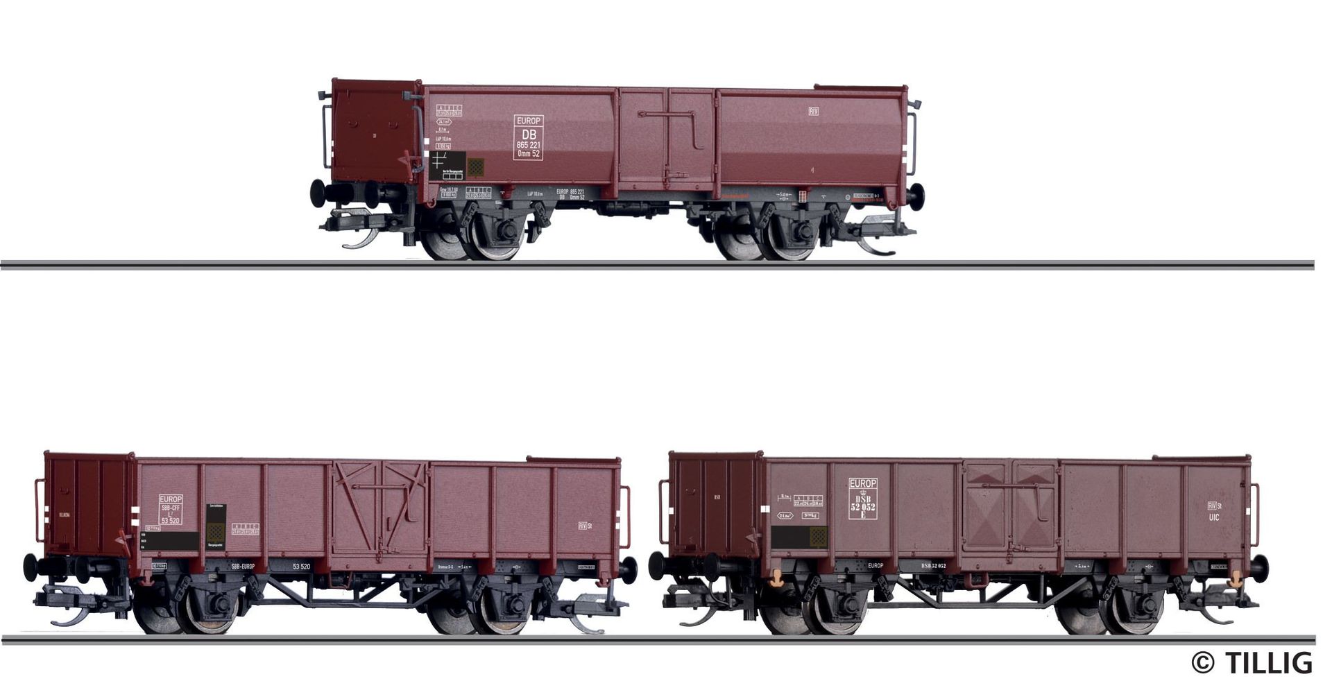 Tillig 01036 - Güterwagen Set DB / SBB / DSB Ep.III 3.tlg. Beladen mit Steinkohle TT 1:1