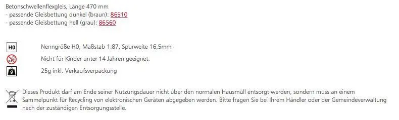 Tillig 85134 - Betonschwellenflexgleis Länge 470 mm H0/GL