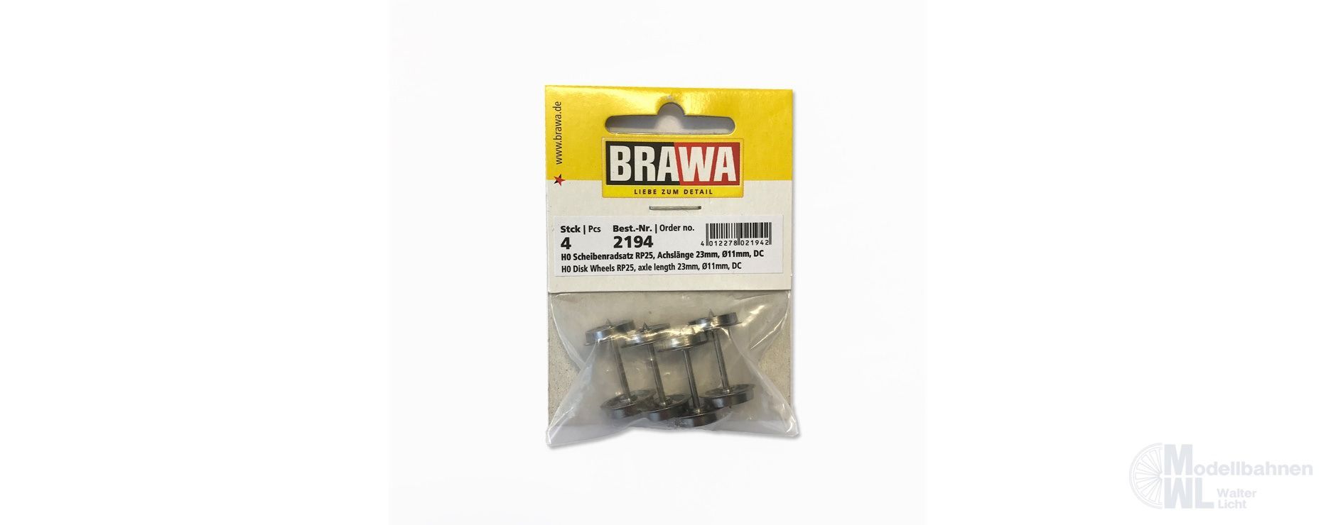 Brawa 2194 - Scheiben-Radsatz RP25 Spitzenlagerung 23mm 4 Stück H0/GL