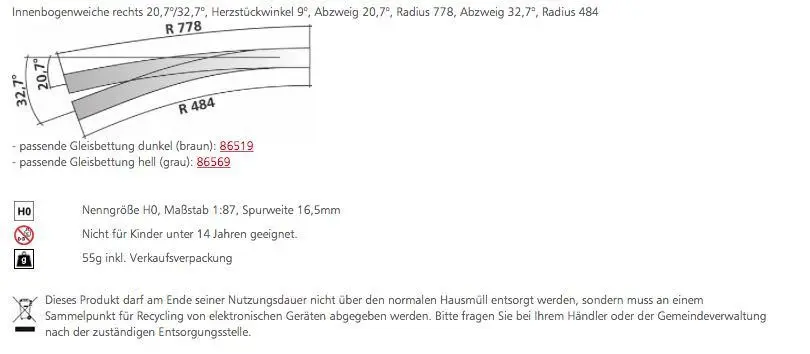 Tillig 85313 - Innenbogenweiche rechts 207°/327° Herzstückwinkel 9° H0/GL